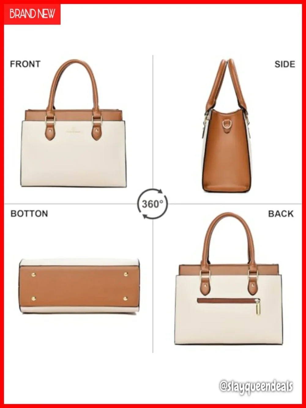 Faux Leather Dual-tone Satchel Handbag with Crossbody Strap, Top Handle Tote
